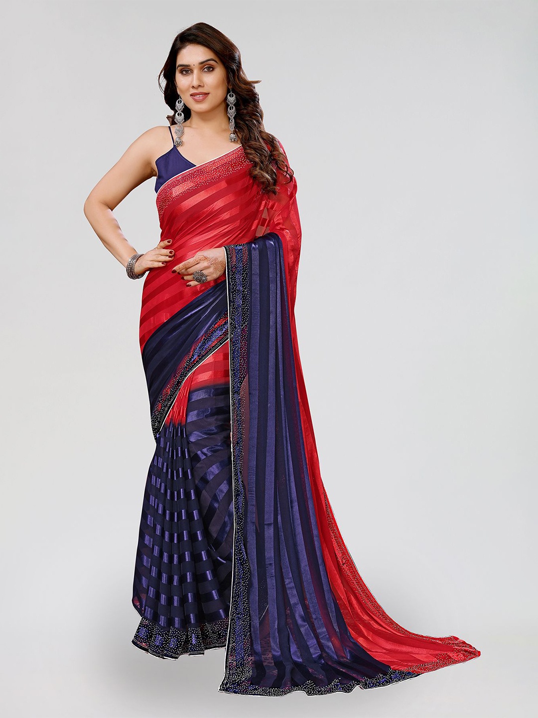

ANAND SAREES Embellished Beads and Stones Satin Saree, Red