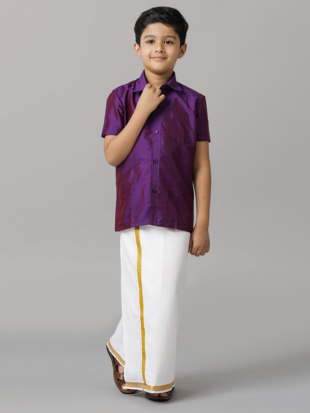 

Ramraj Boys Short Sleeves Shirt With Adjustable Dhoti, Violet