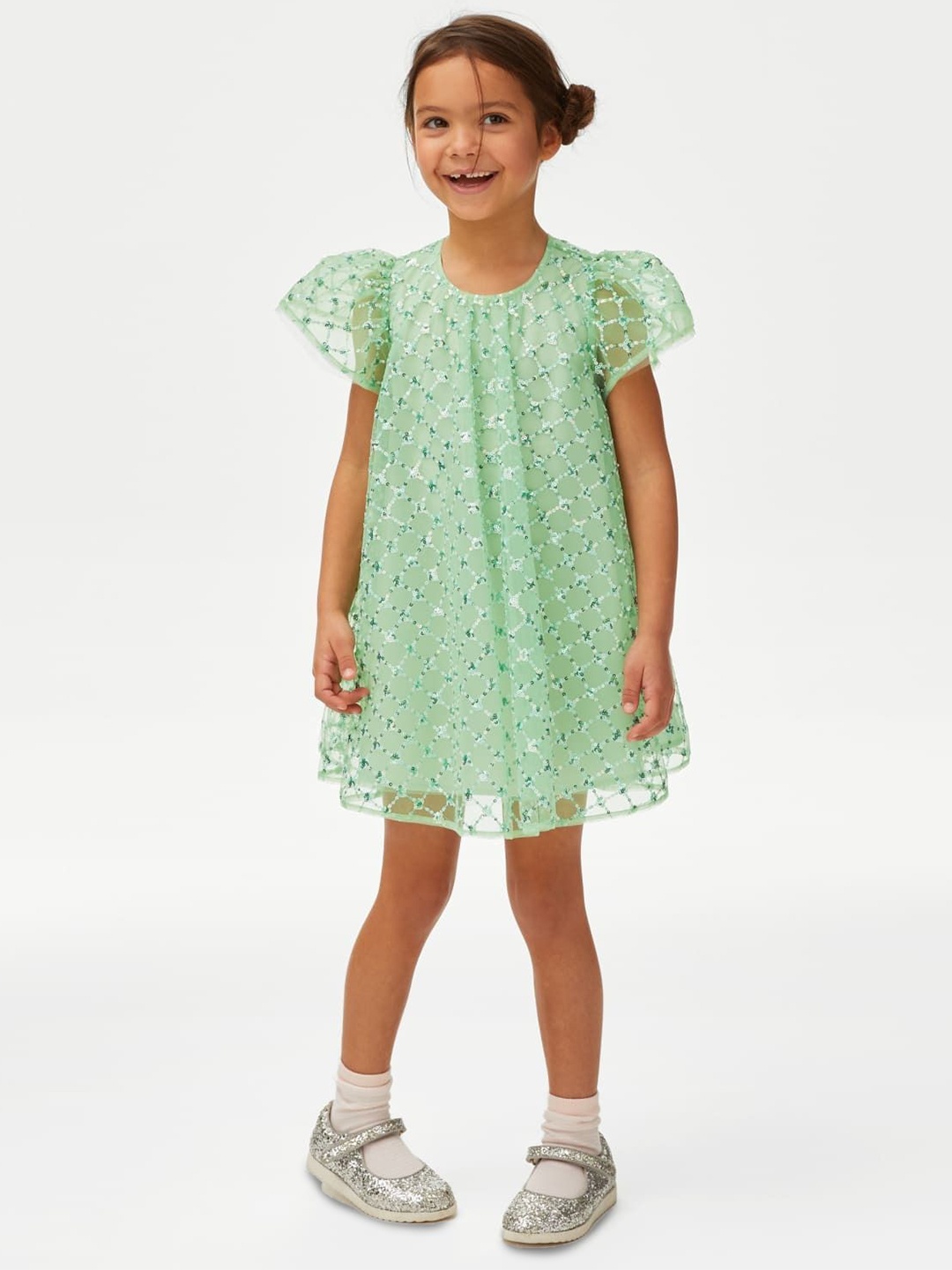 

Marks & Spencer Floral Print Flutter Sleeve A-Line Dress, Green