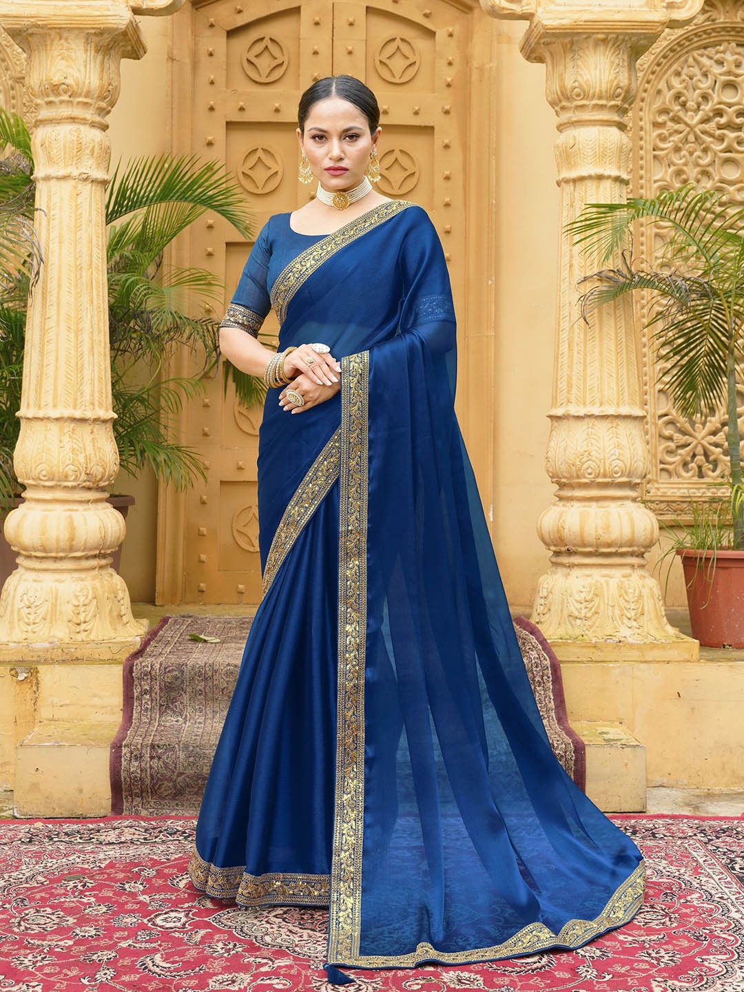 

SILK SAREE HUB Embroidered Organza Saree, Blue