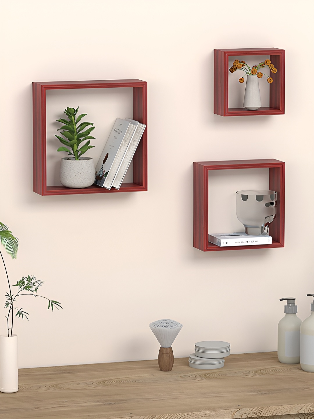 

RANDOM Brown 3 Pieces Wooden Basic Wall Shelves