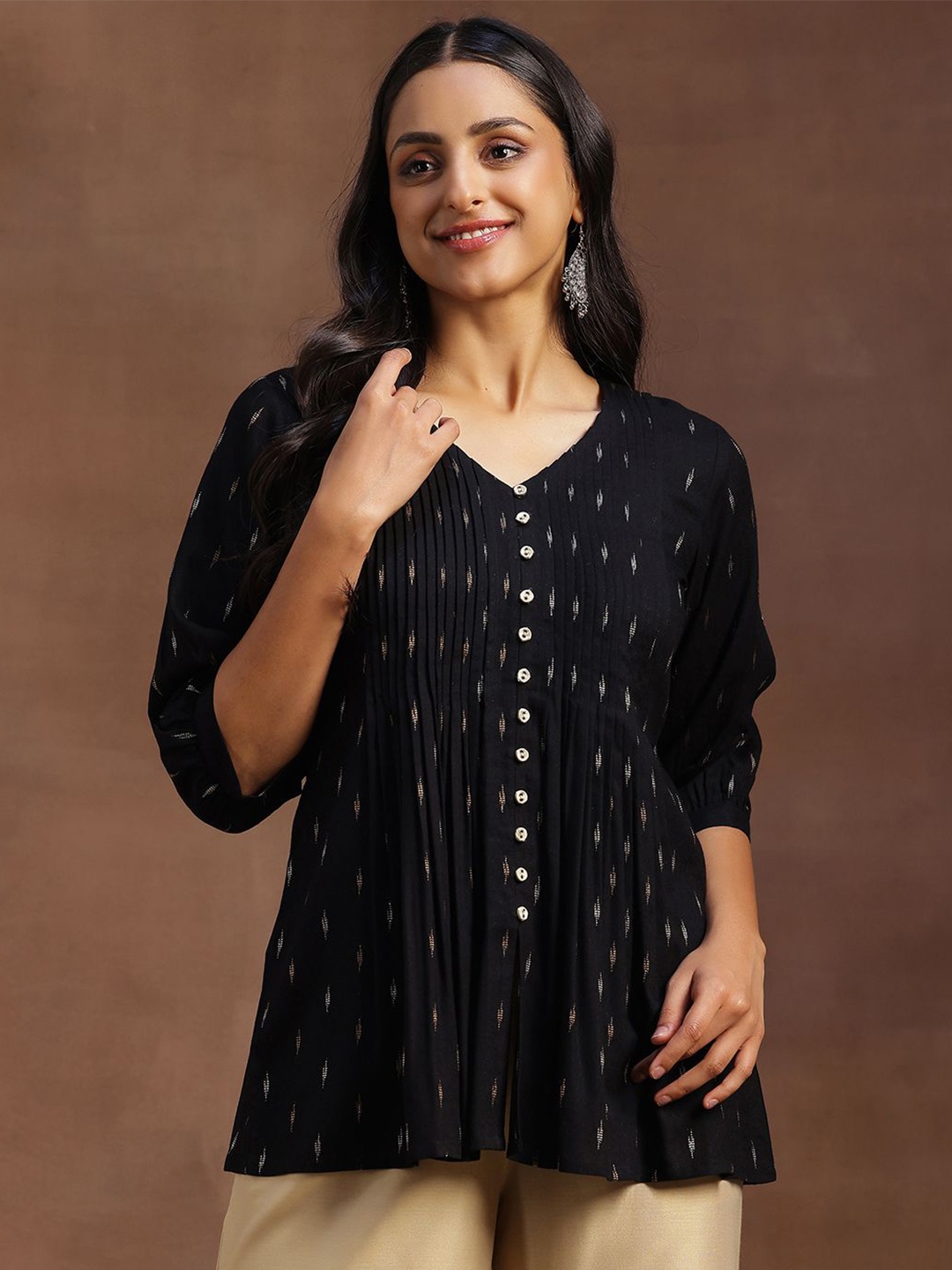 

Libas Woven Design V-Neck Panelled Kurti, Black