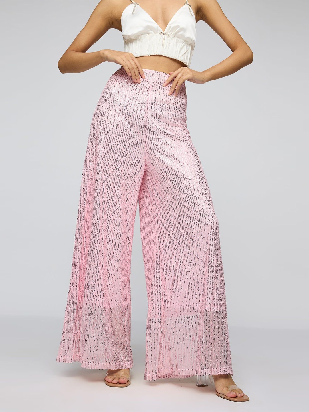 

FREAKINS Salsa Rosa Sequin Flare Fit Korean Pants, Pink