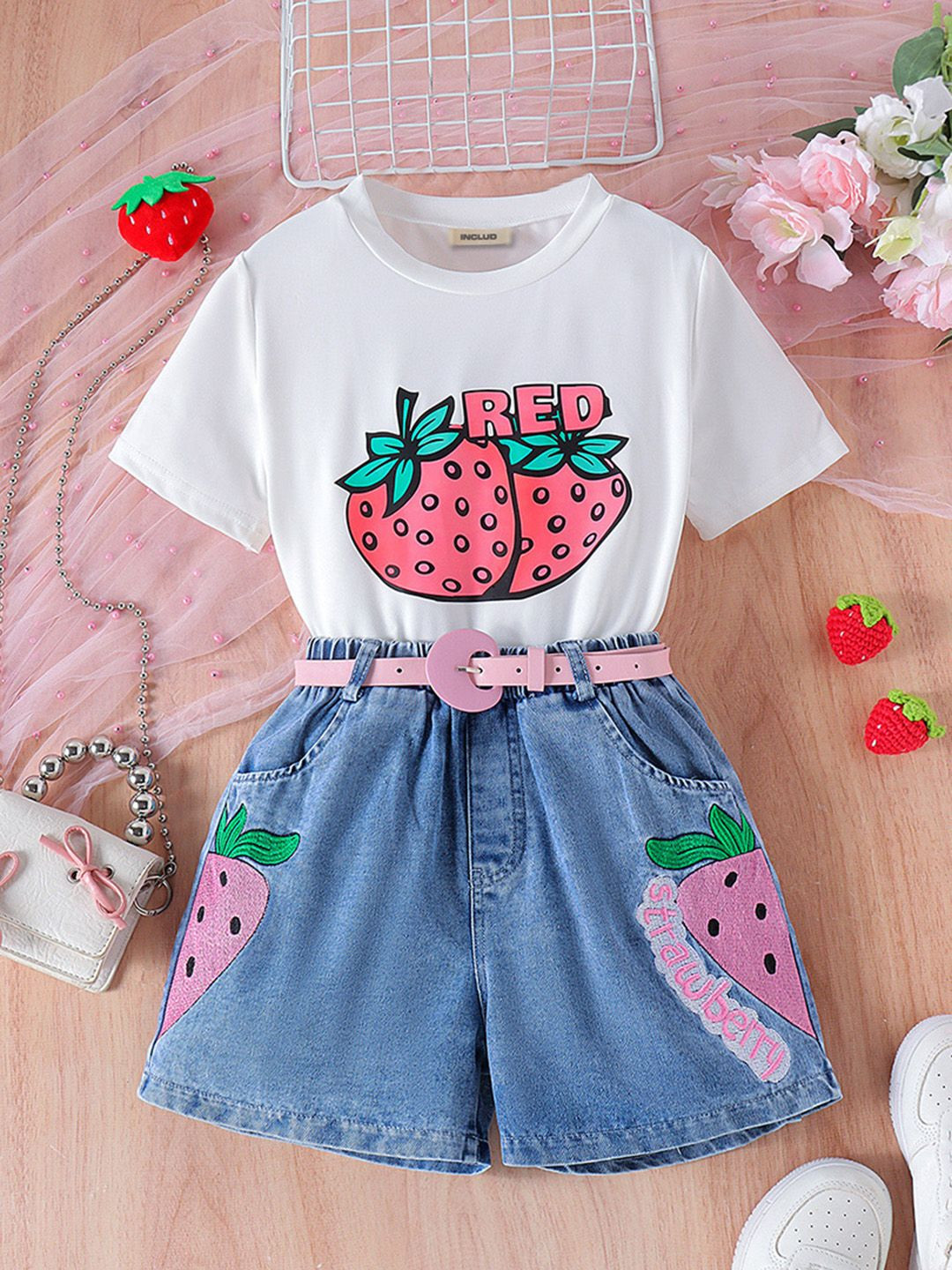 

INCLUD Girls Printed T-shirt with Embroidered Shorts, White