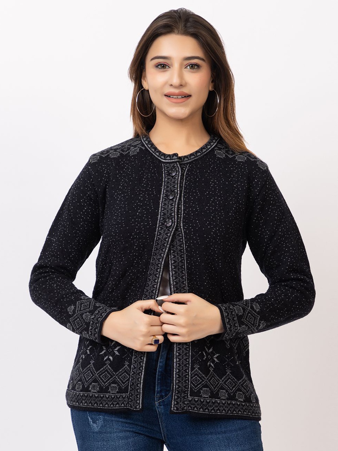 

TWENTY ME Women Embroidered Woollen Cardigan with Embroidered Detail, Black