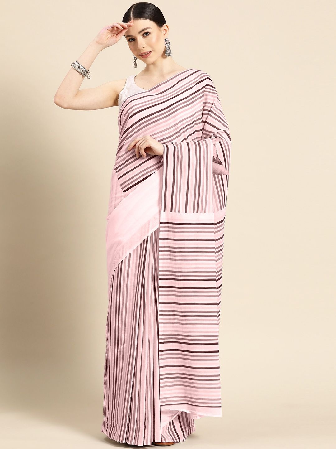 

BUTA BUTI Striped Pure Cotton Saree, Pink