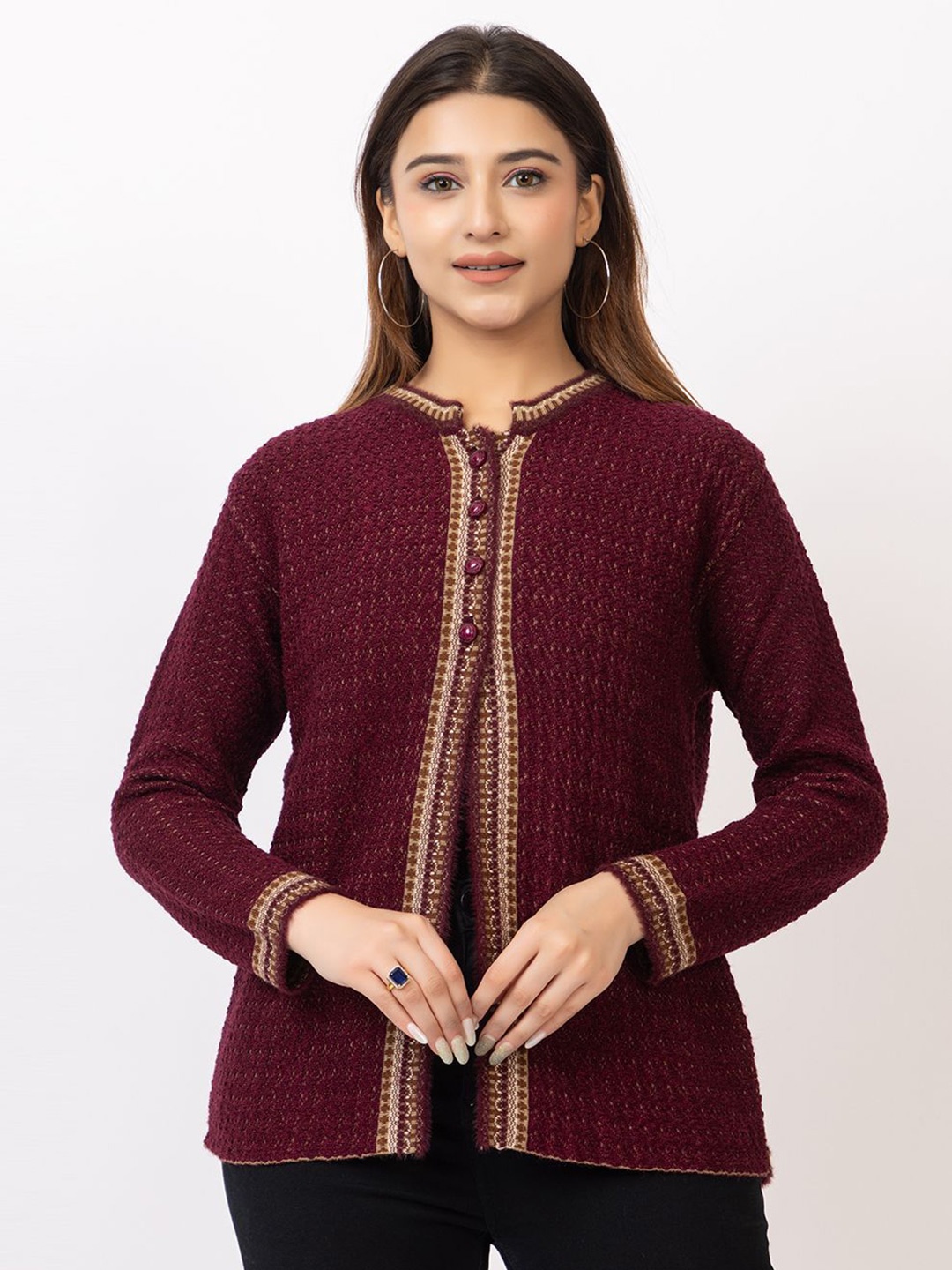 

TWENTY ME Women Embroidered Woollen Cardigan with Embroidered Detail, Purple