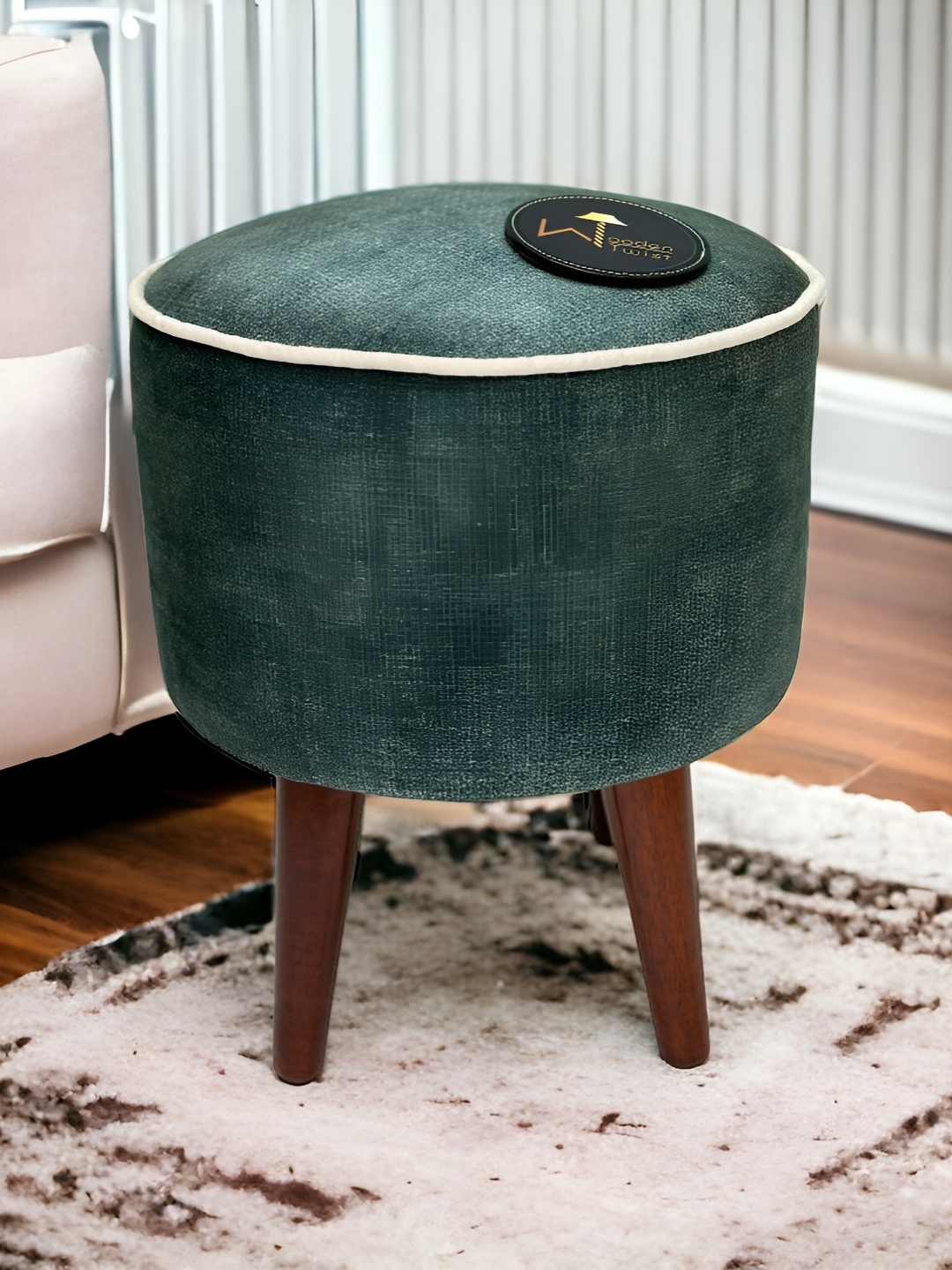 

Wooden Twist Green Textured Comfortable Cushion Round Ottoman Stool