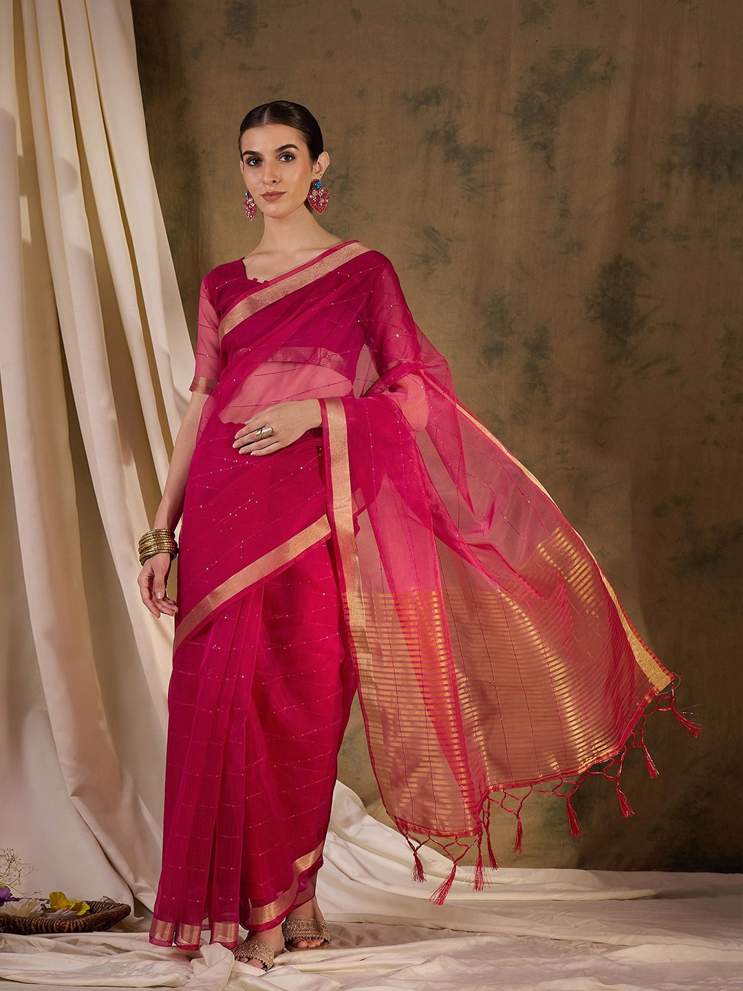 

NIRMAL CREATION Striped Sequinned Saree, Pink