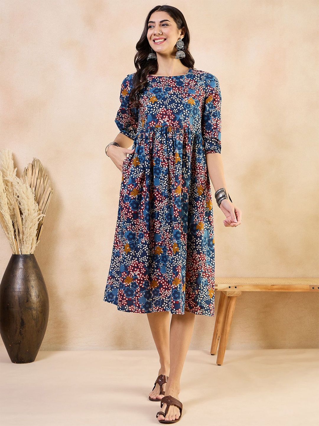 

Anouk Floral Print Fit & Flare Maxi Dress, Blue