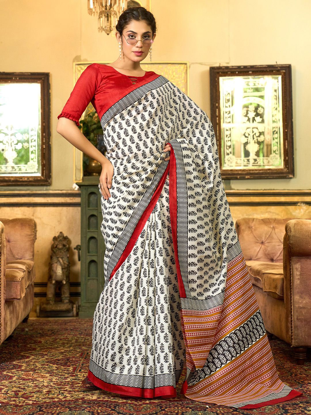 

Saree mall Bagh Art Silk Block Print Sarees, Off white