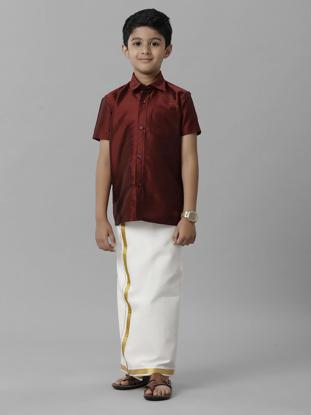 

Ramraj Boys Shirt solid Shirt With Adjustable Dhoti, Maroon