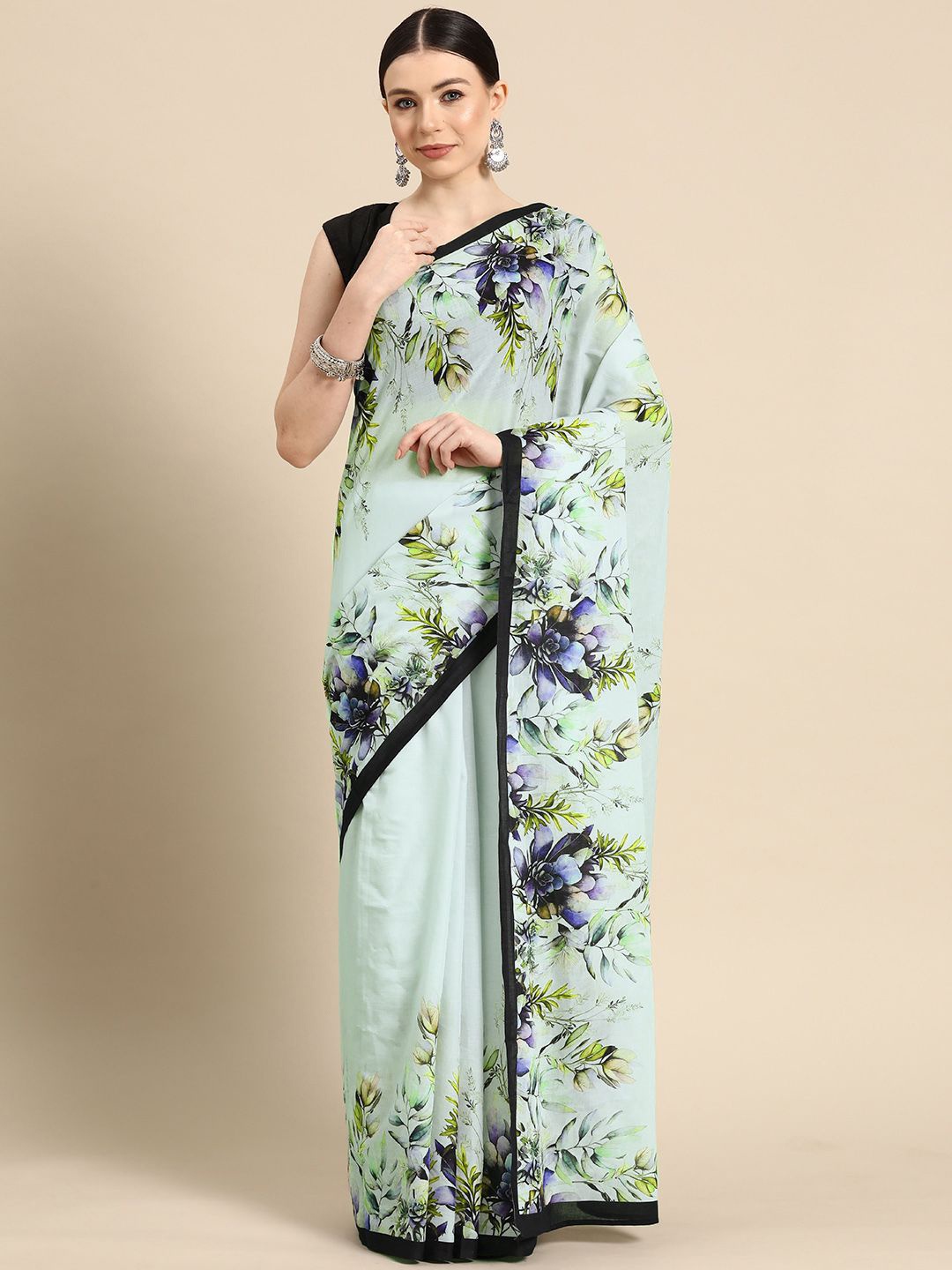 

BUTA BUTI Floral Pure Cotton Saree, Sea green