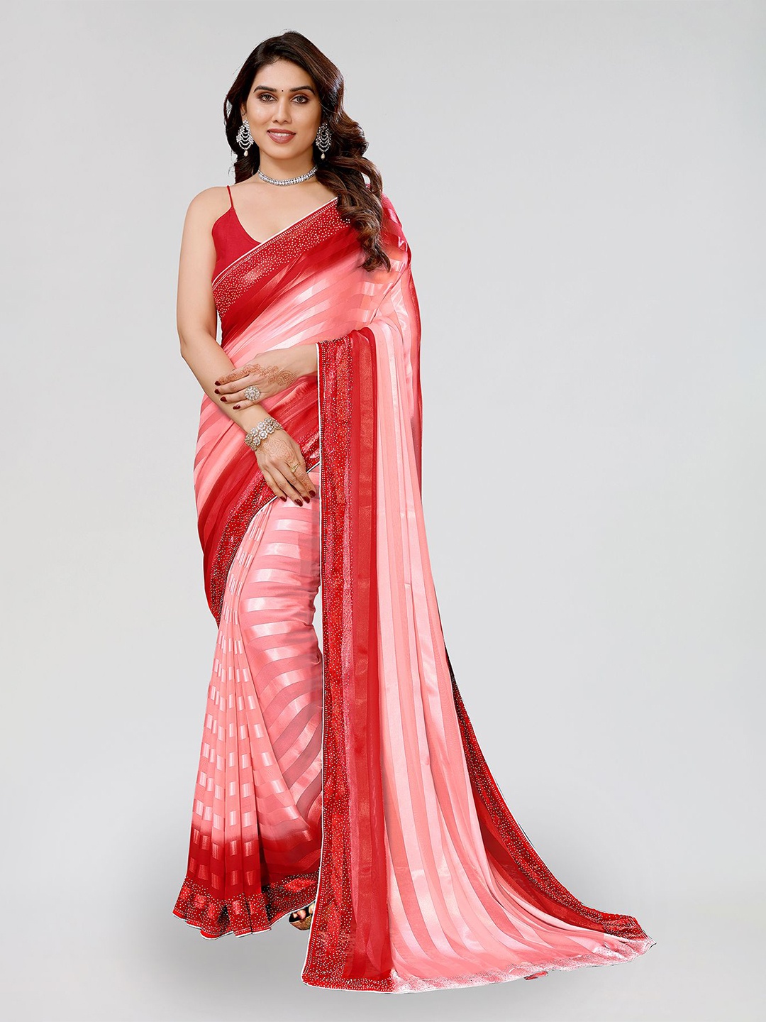 

ANAND SAREES Striped Beads and Stones Satin Saree, Red