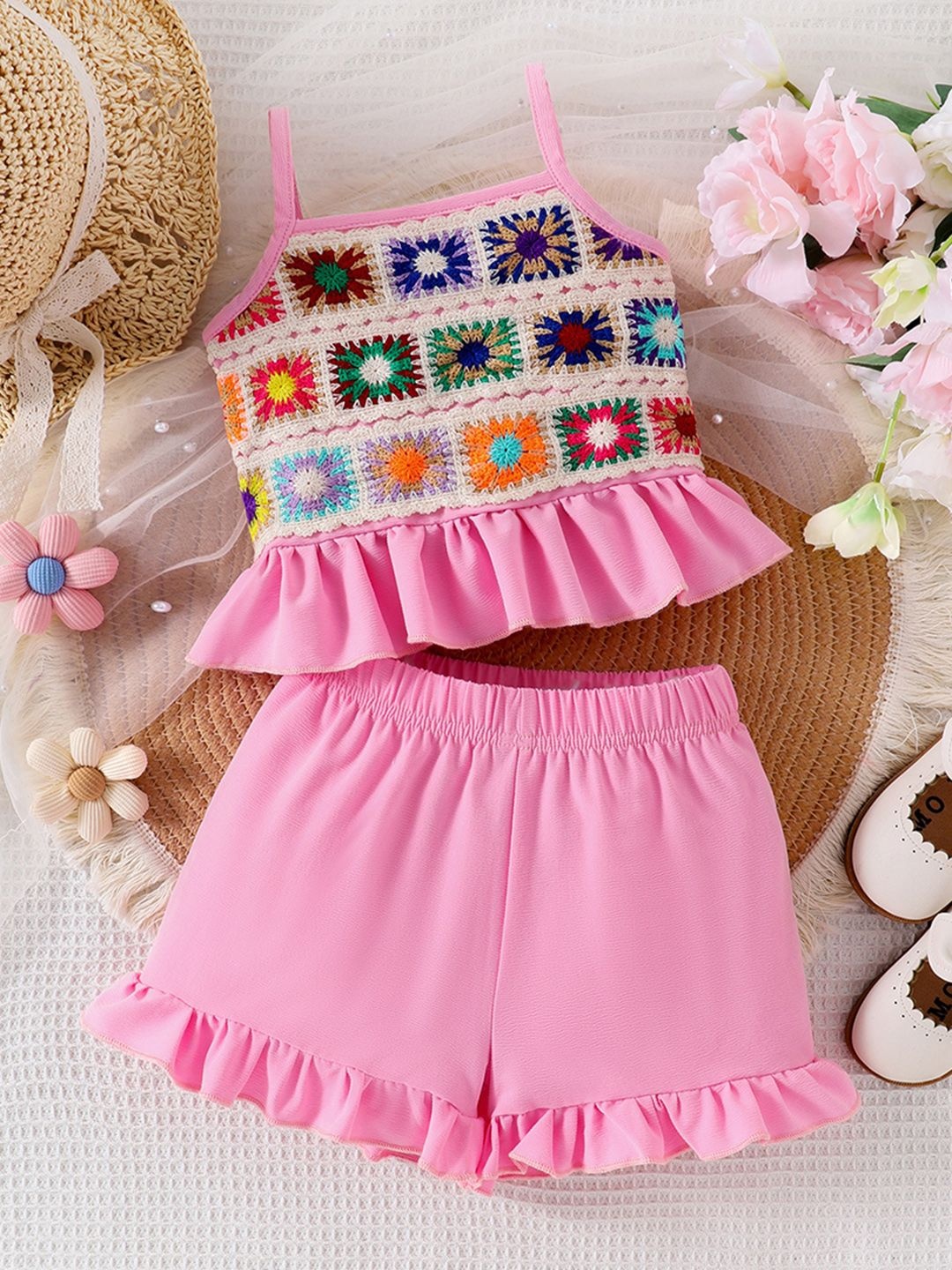 

INCLUD Girls Crochet Top with Shorts, Pink