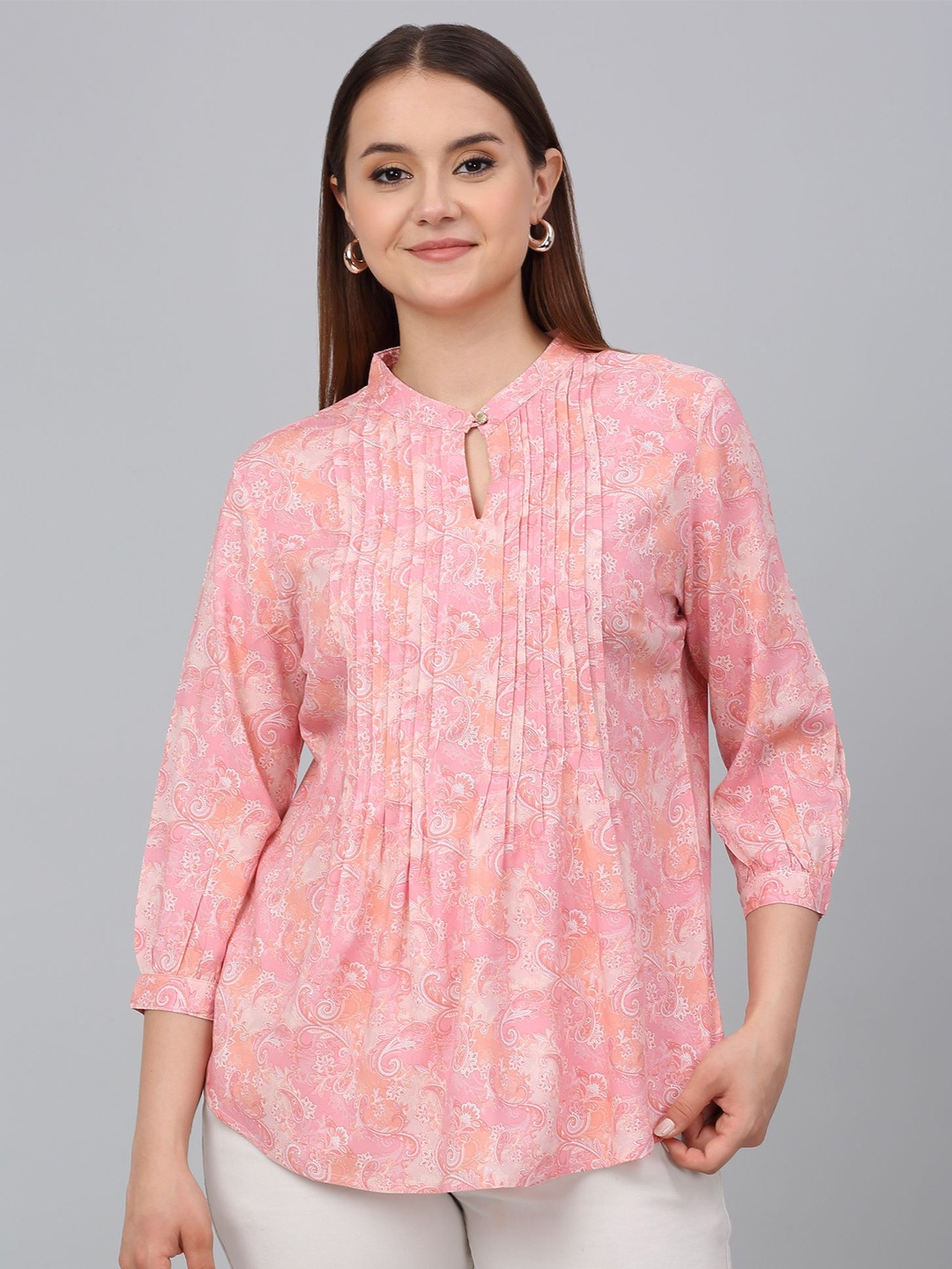

Cantabil Mandarin Collar Printed Tunic, Pink