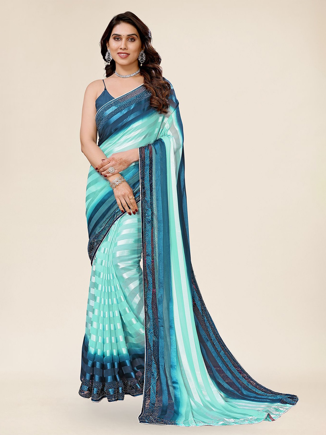 

ANAND SAREES Striped Satin Ready to Wear Saree, Blue