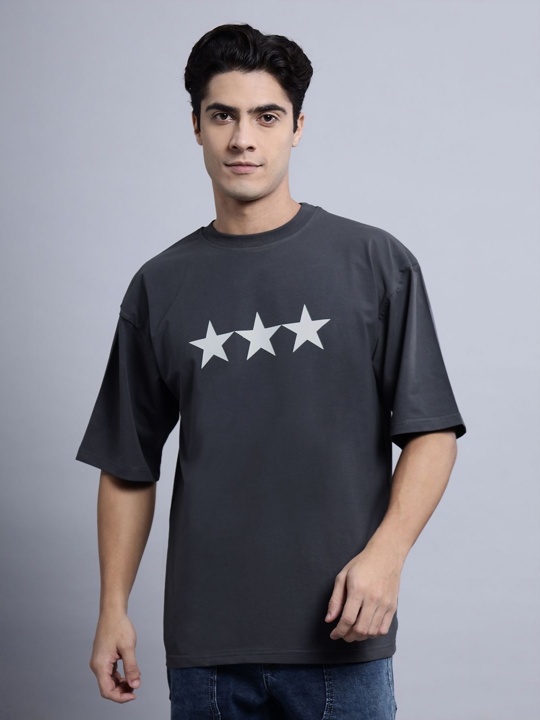 

N AND J Men Solid Round Neck Oversized T-shirt, Grey