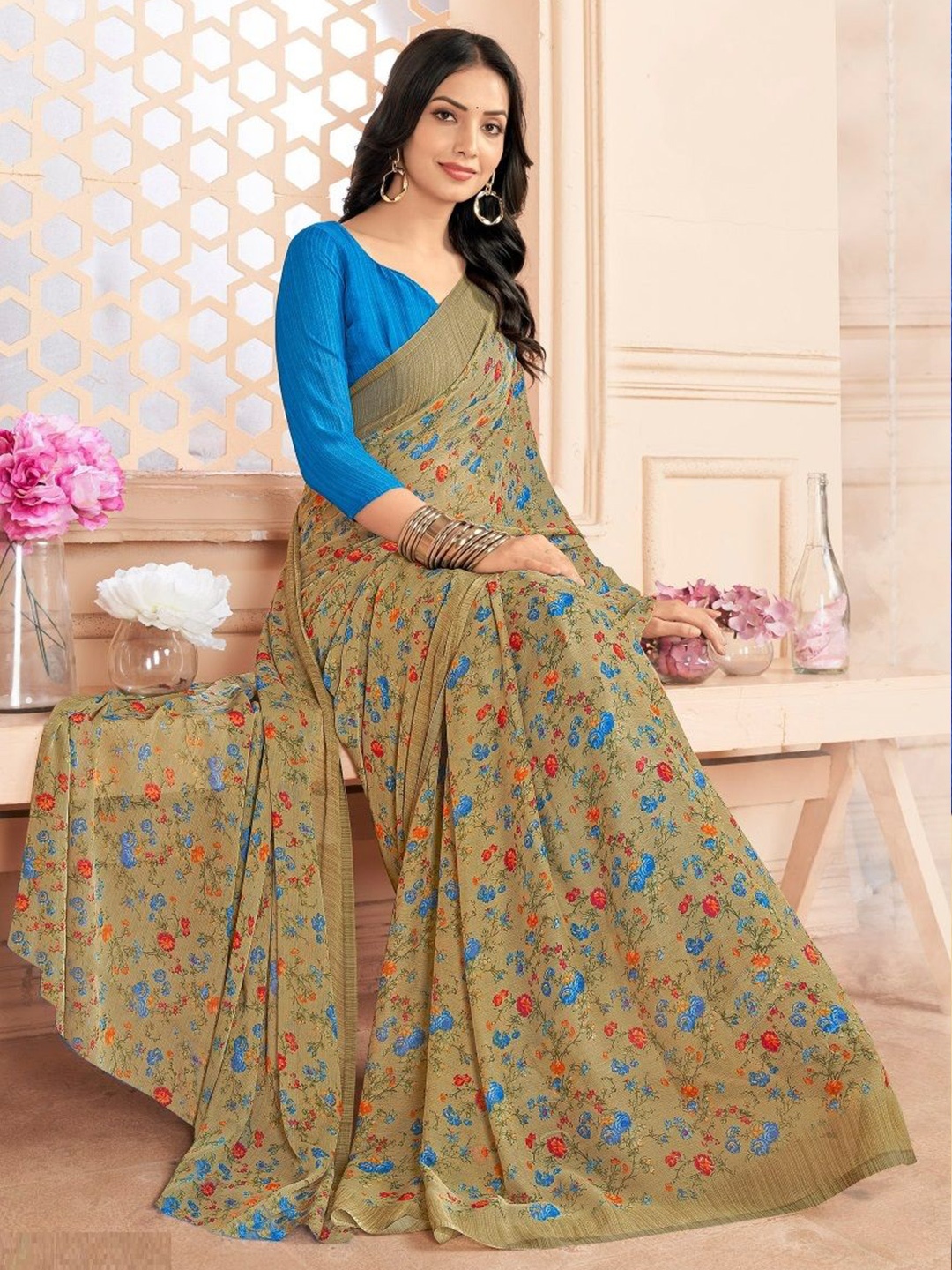 

Reboot Fashions Floral Pure Chiffon Ready to Wear Saree, Beige