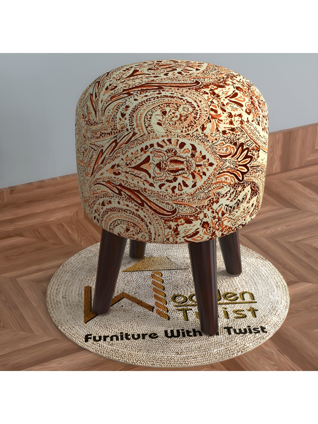 

Wooden Twist Brown & Beige Printed Comfortable Cushion Round Ottoman Stool