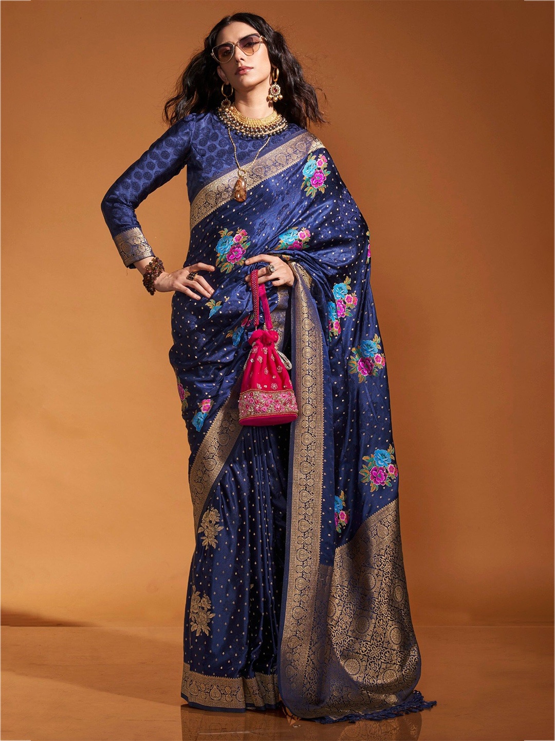 

MySilkLove Floral Zari Satin Saree, Navy blue