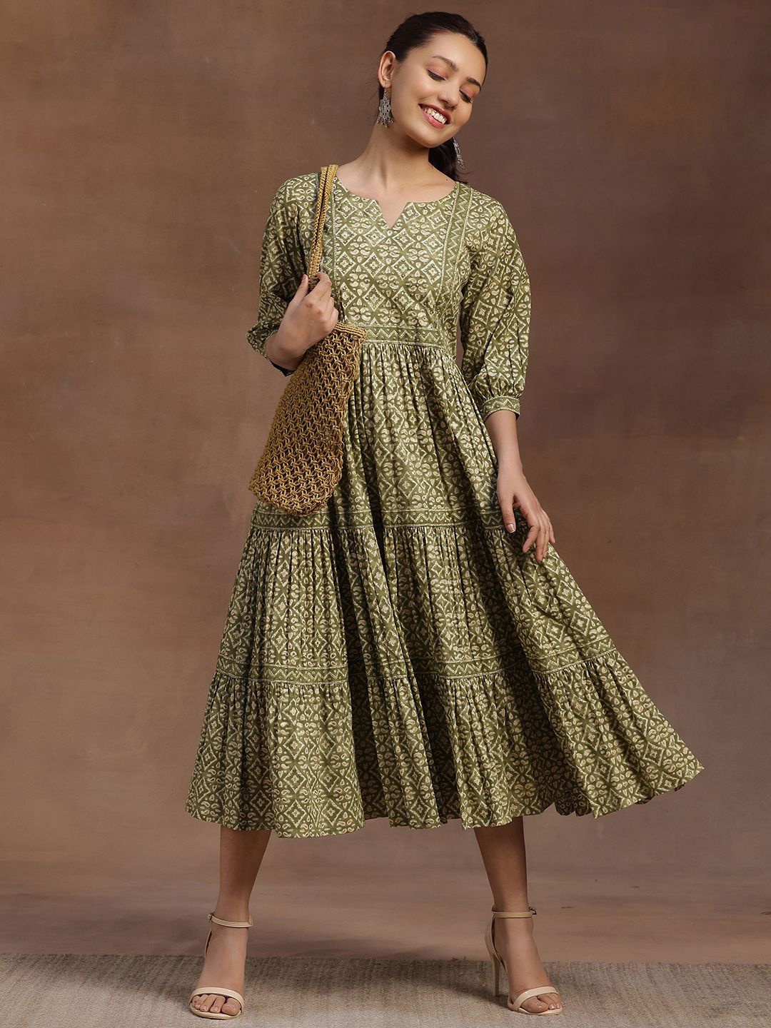 

Libas Ethnic Motifs Printed Puff Sleeve Layered A-Line Midi Dress, Green