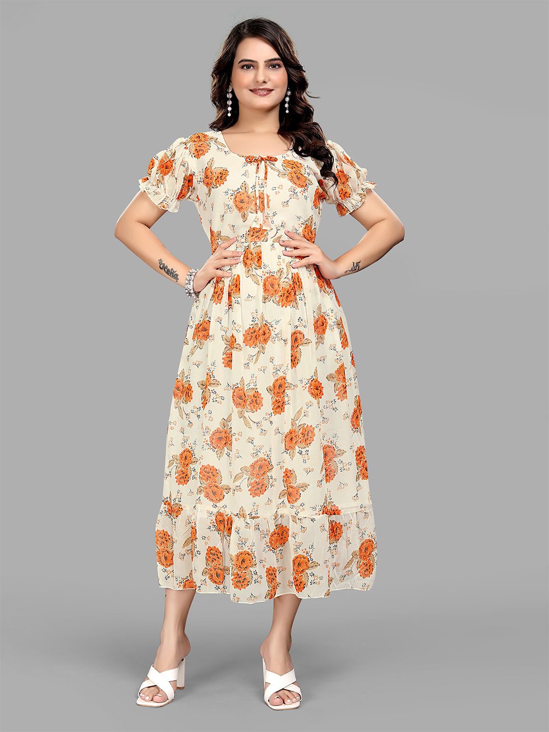 

BAESD Floral Printed Tie-Up Neck Fit & Flare Midi Dress, Orange