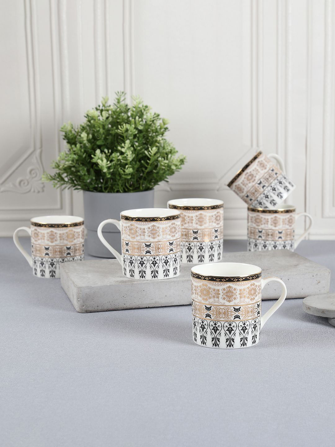 

India Circus by Krsnaa Mehta Gold-Toned & White 6 Pcs Printed Ceramic Glossy Mugs 220 ml