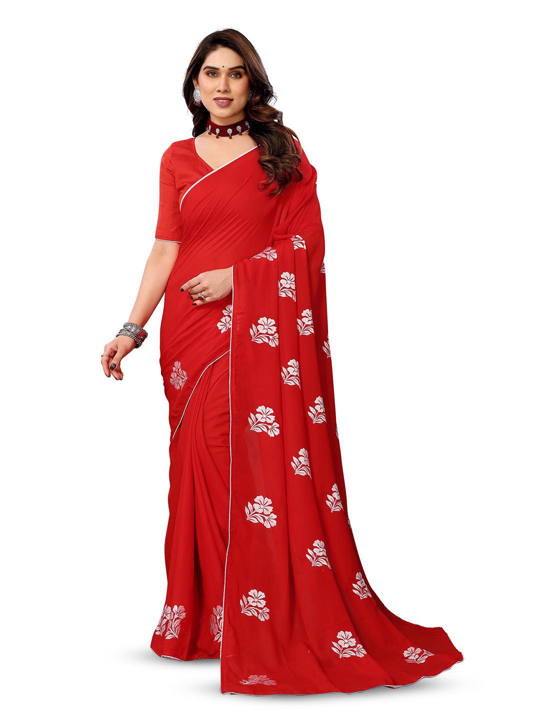 

ANAND SAREES Floral Poly Chiffon Saree, Red