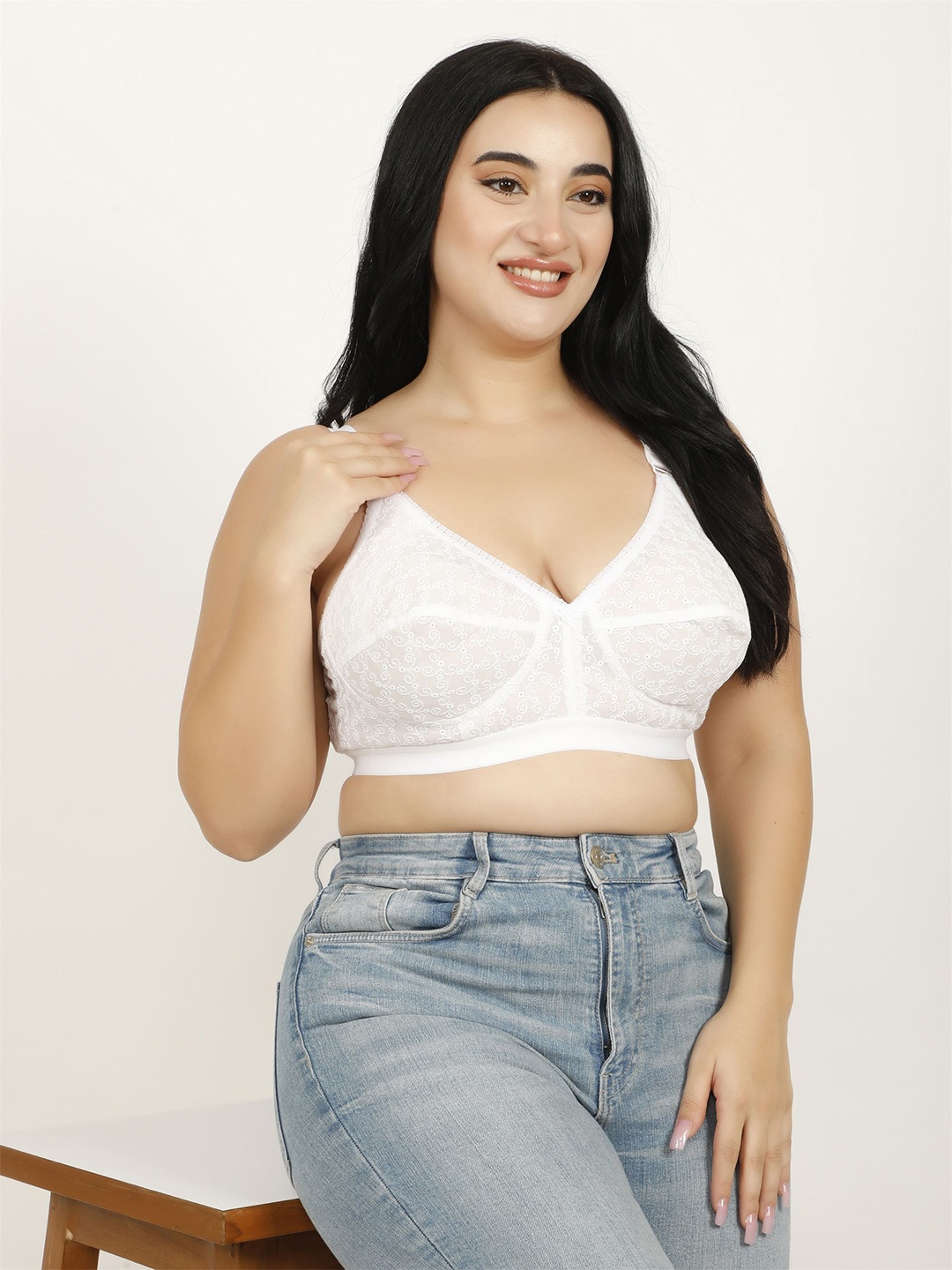 

Hill Islands Plus Size Floral Embroidered Full Coverage Pure Cotton All Day Comfort Bra, White