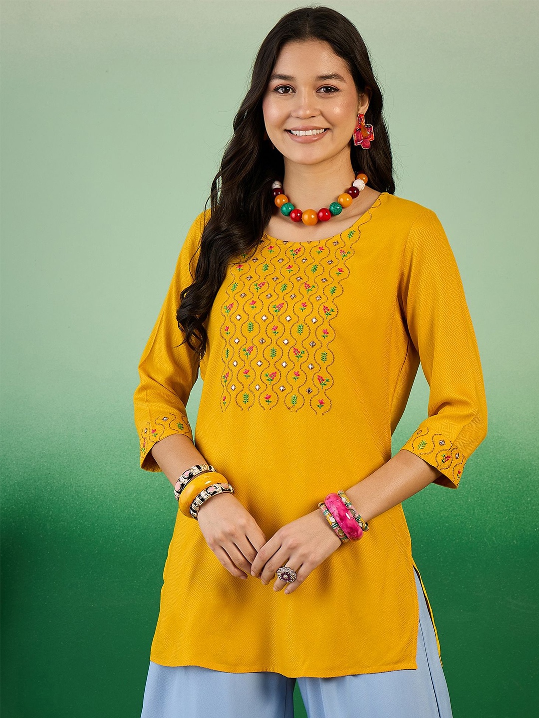 

Sangria Embroidered Straight Short Kurtis, Mustard
