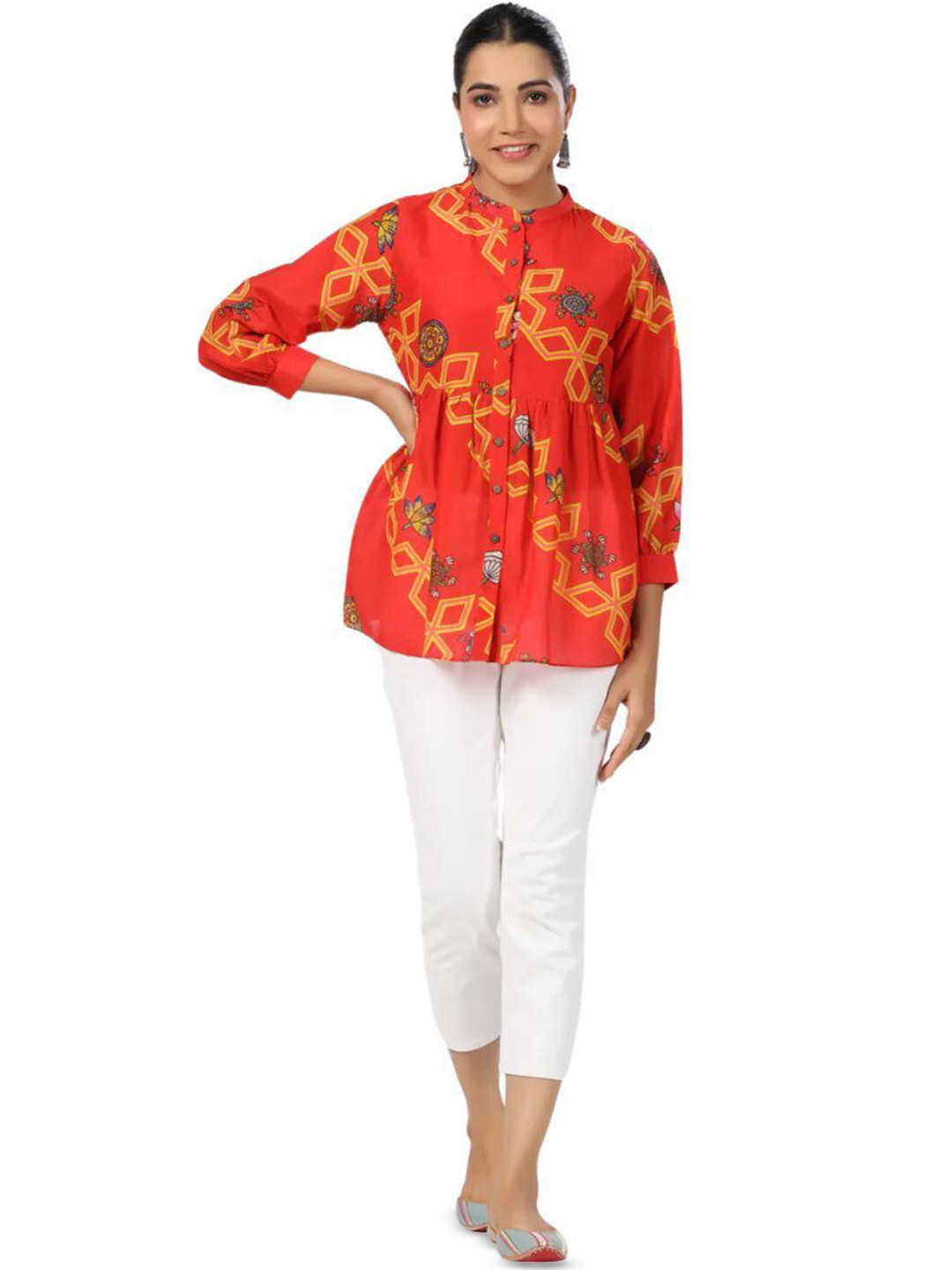 

JAIPURRANG Geometric Print Mandarin Collar Cotton Peplum Top, Red