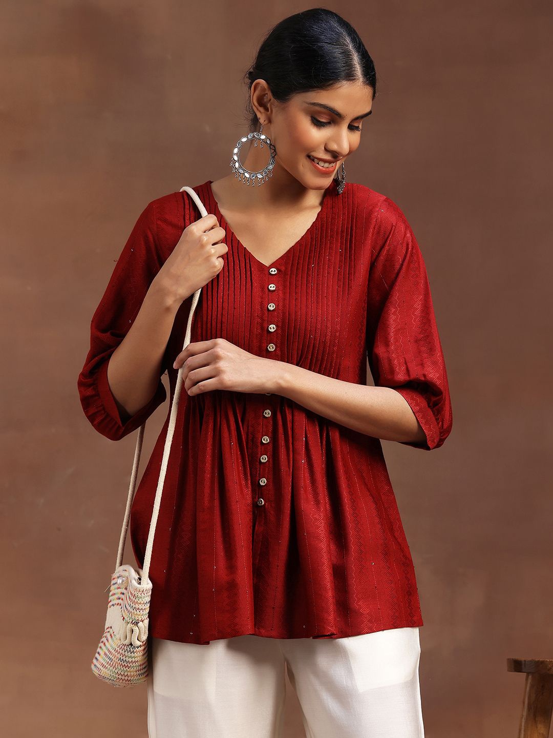 

Libas Woven Design V-Neck Pleated Kurti, Red