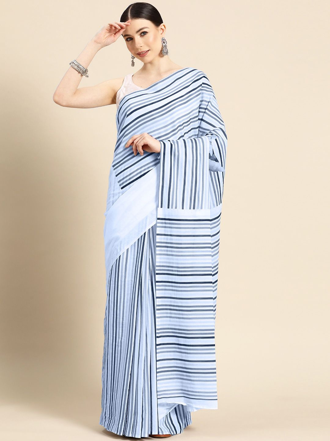 

BUTA BUTI Striped Pure Cotton Saree, Blue