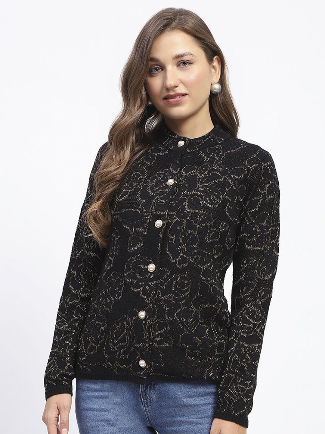 

Madame Women Floral Printed Cardigan, Black