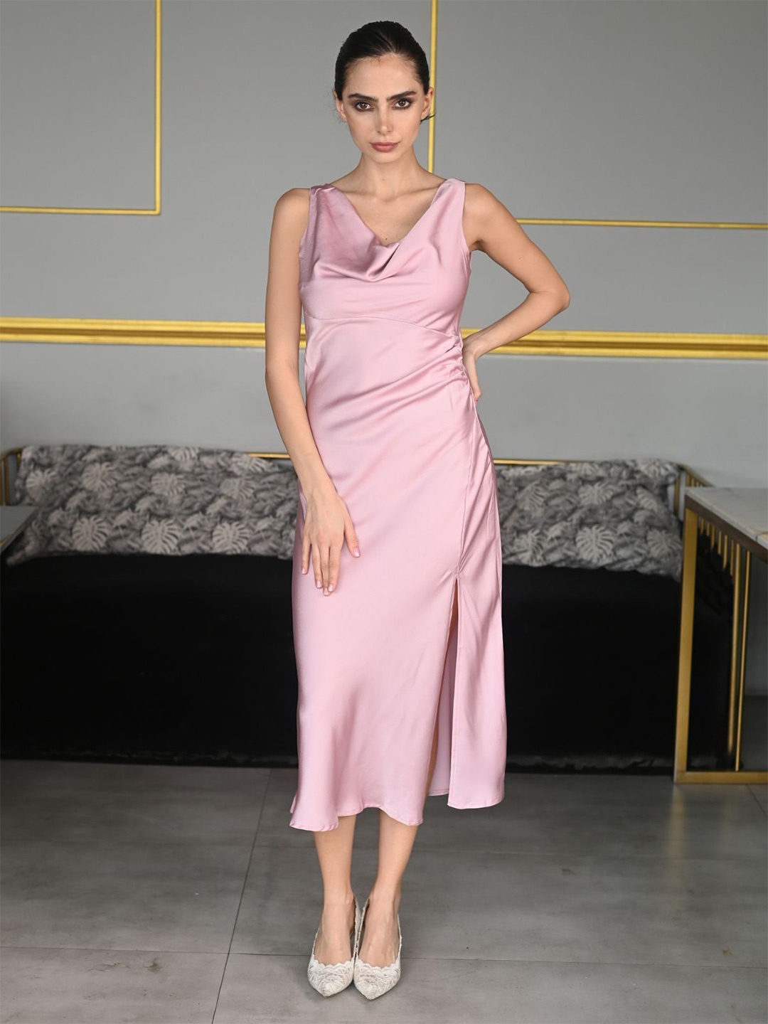 

ODETTE Cowl Neck Satin Maxi Dress, Pink