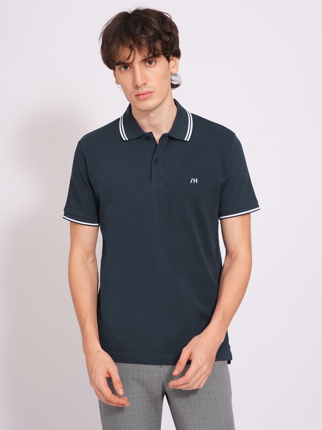 

SELECTED Men Solid Polo Collar Organic Cotton Slim Fit T-shirt, Navy blue