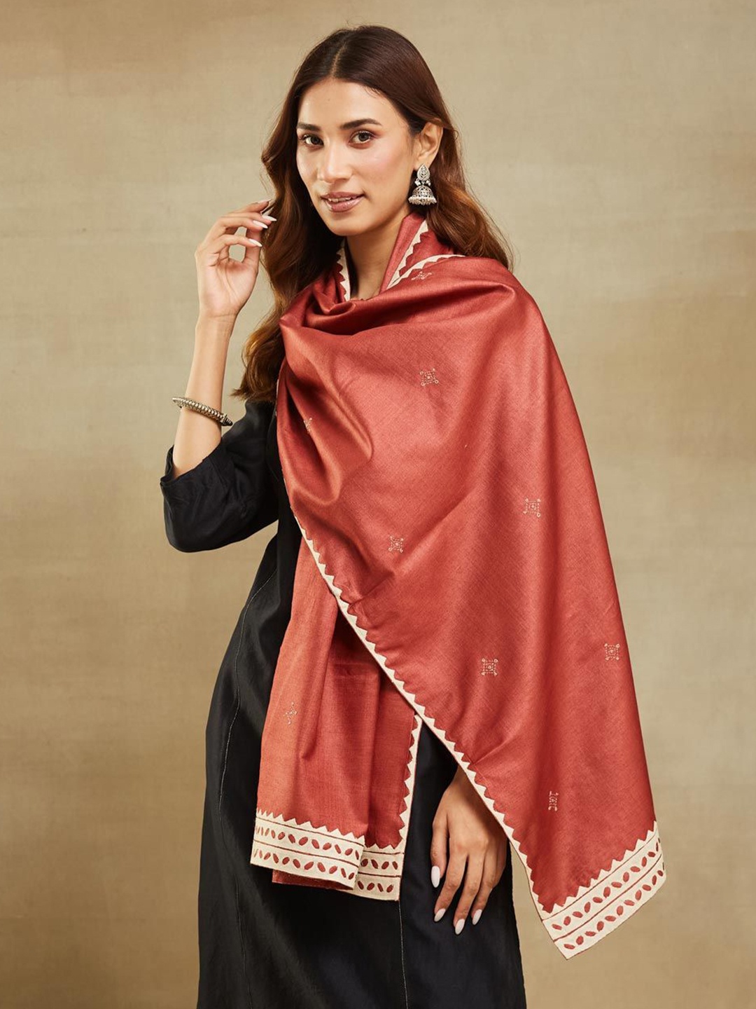 

Fabindia Silk Embroidered Applique Stole, Maroon