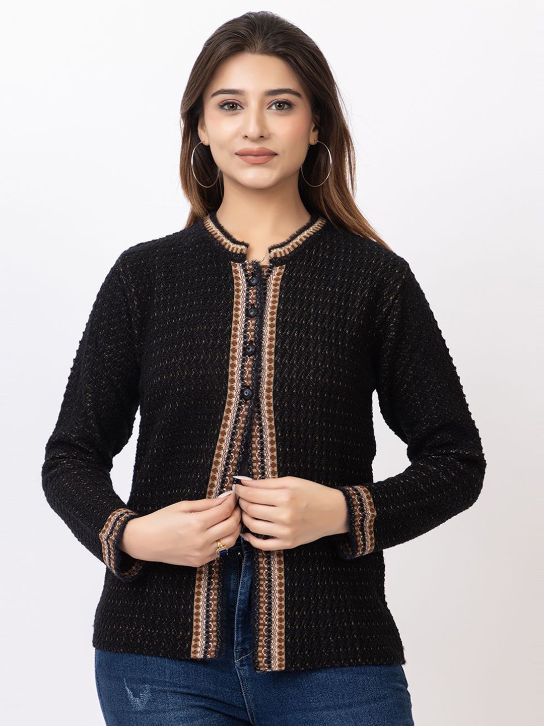 

TWENTY ME Women Embroidered Woollen Cardigan with Embroidered Detail, Black