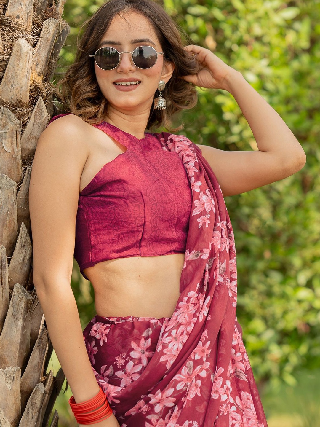 

KALINI Floral Poly Chiffon Saree, Maroon