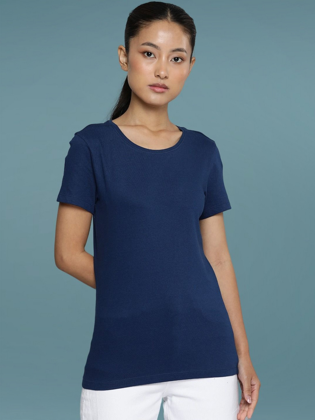 

DressBerry Women Solid Round Neck Cotton T-shirt, Navy blue