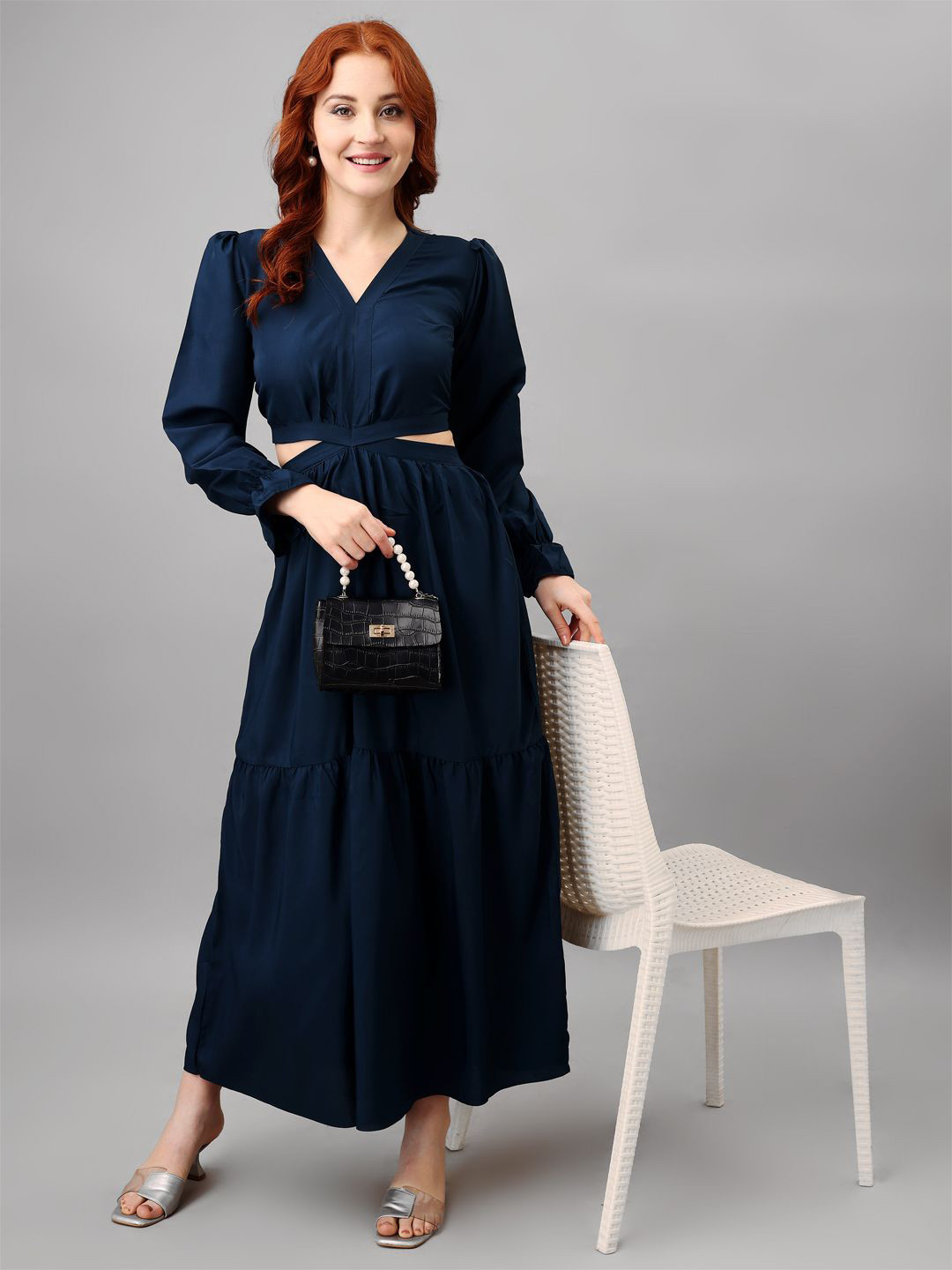 

Femvy Puff Sleeve Applique Crepe Fit & Flare Maxi Dress, Blue