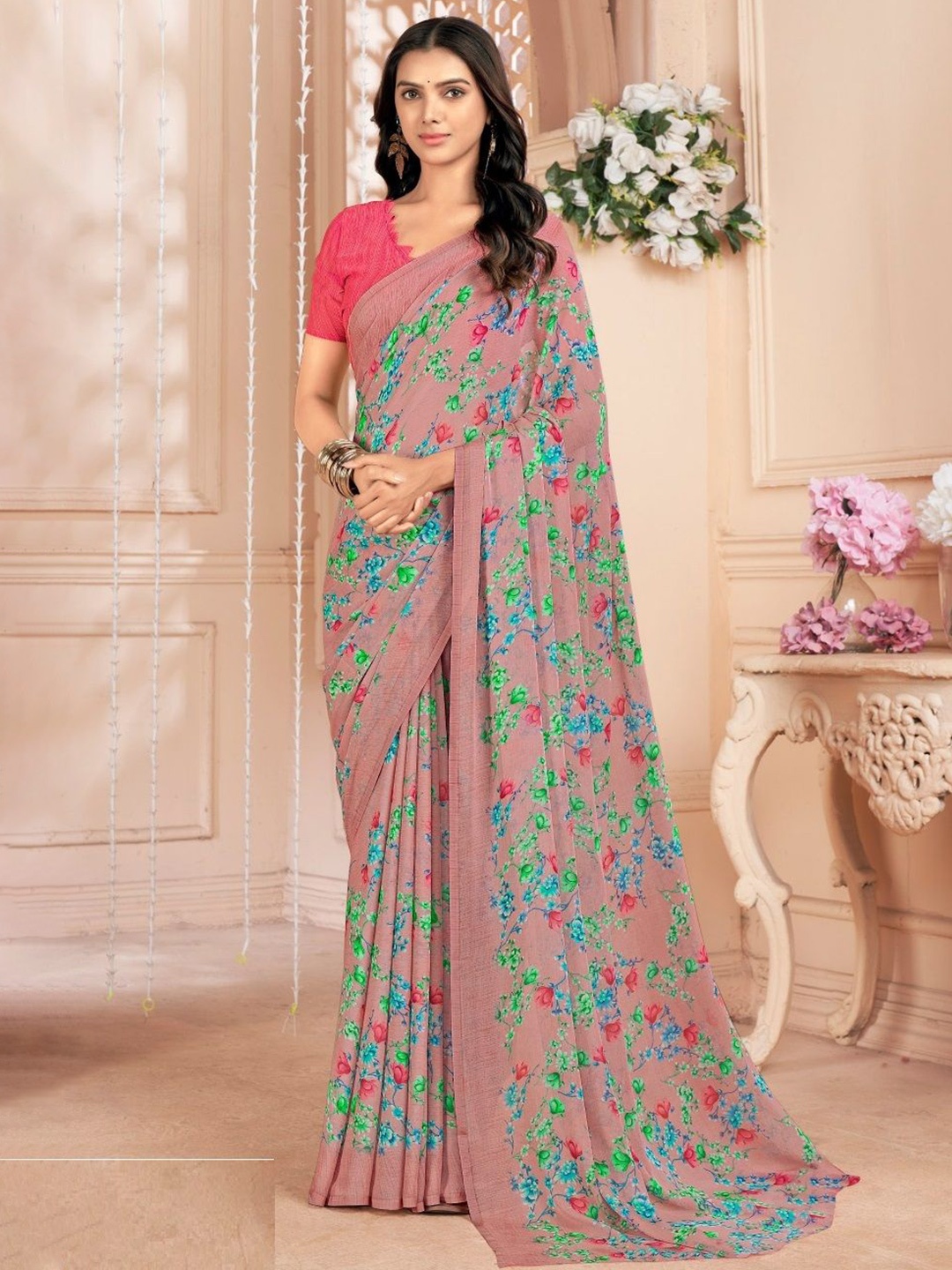 

Reboot Fashions Floral Pure Chiffon Saree, Pink