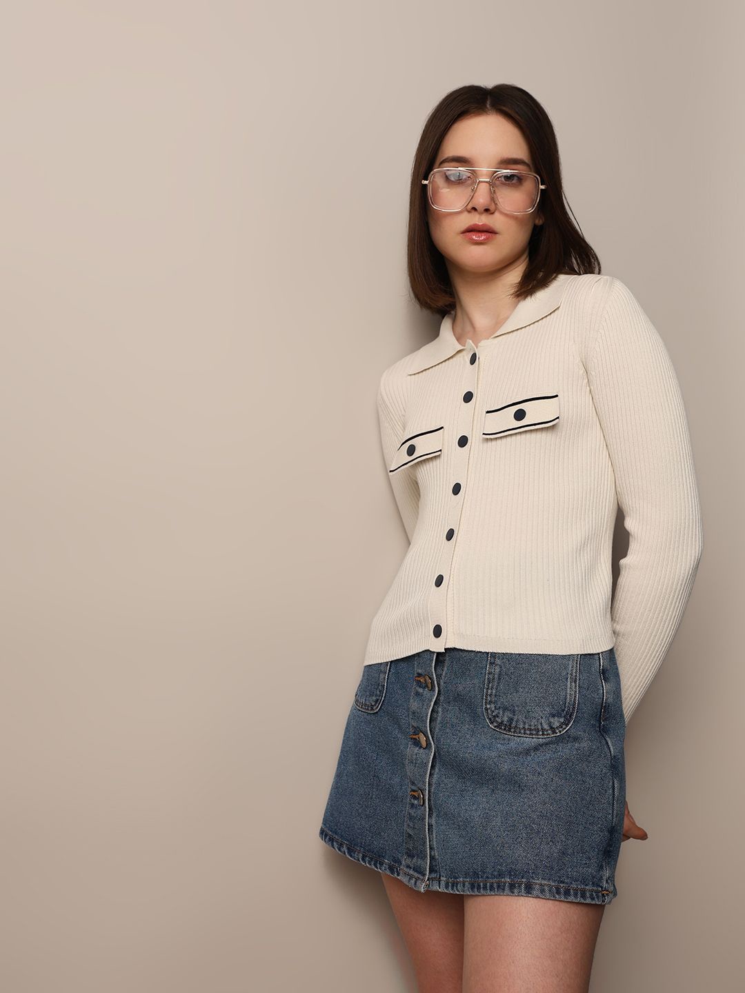 

ONLY Shirt Style Crop Top, Beige
