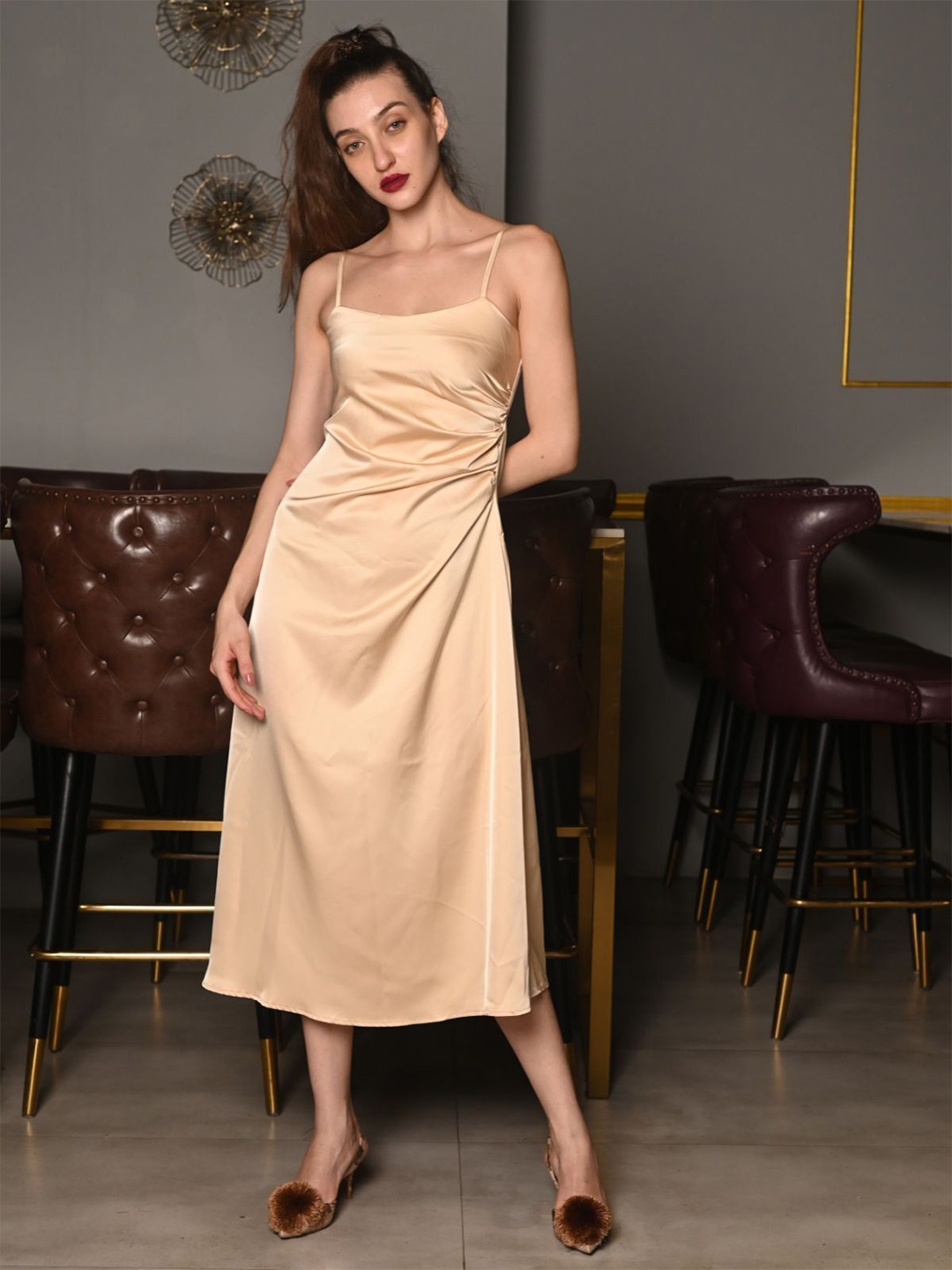 

ODETTE Cowl Neck Satin A-Line Dress, Cream