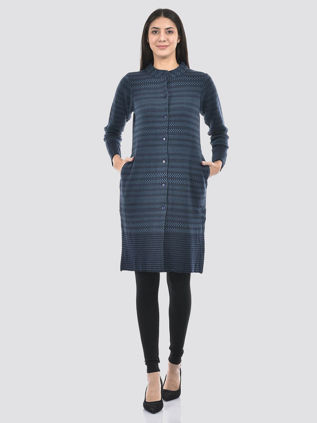

American Eye Women Striped Longline Cardigan, Navy blue