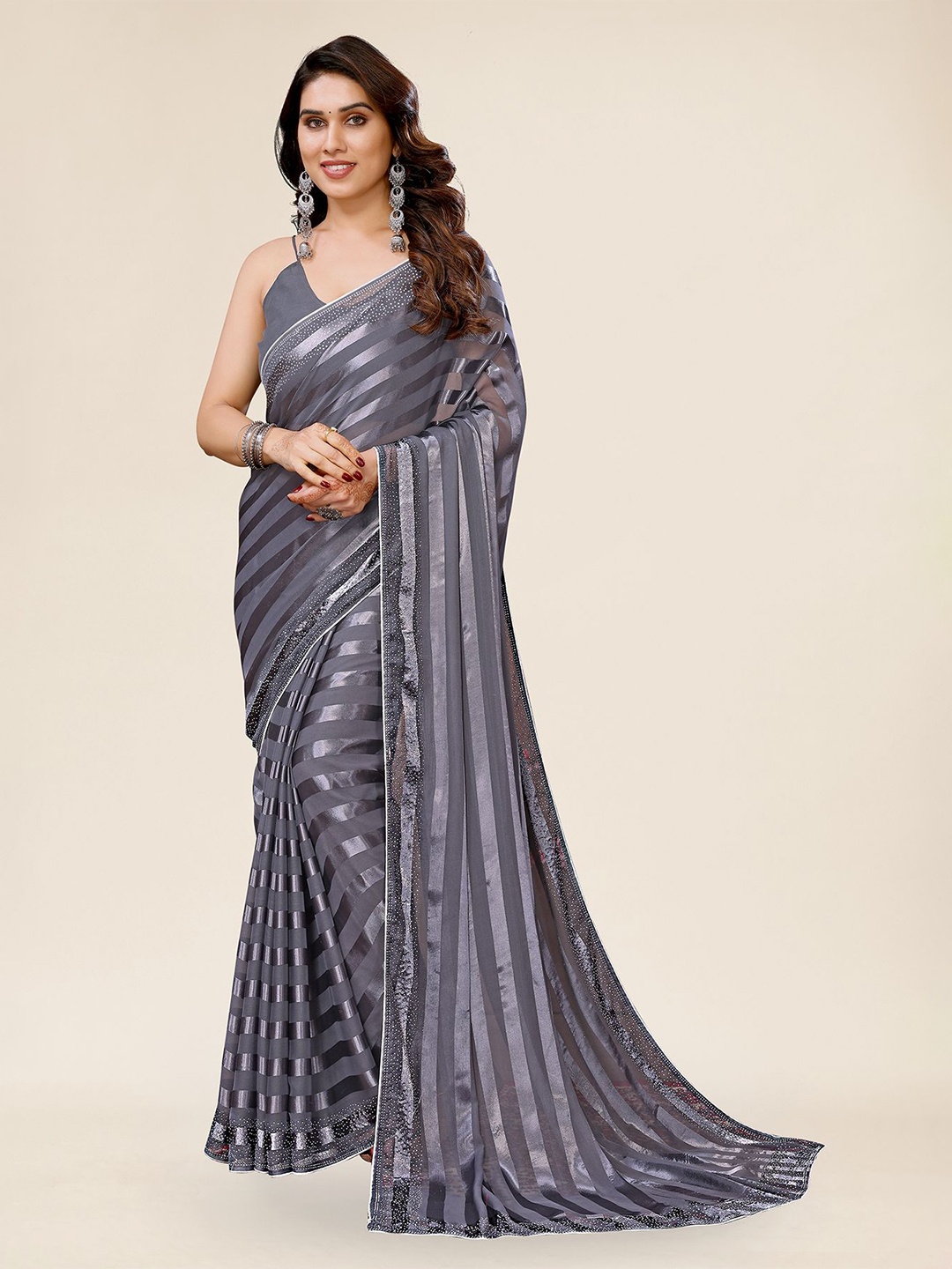 

ANAND SAREES Striped Beads and Stones Satin Ready to Wear Saree, Grey