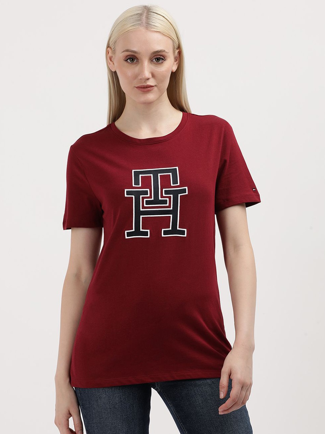 

Tommy Hilfiger Women Typography Solid Round Neck Cotton T-shirt, Red
