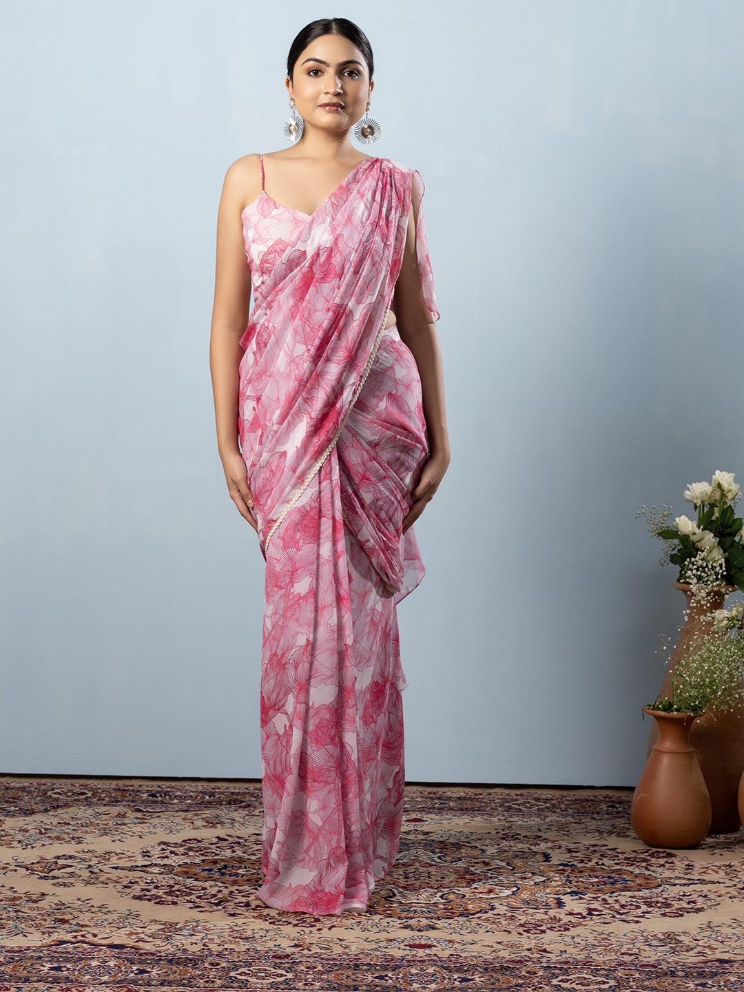 

RACHNA Floral Poly Georgette Ready to Wear Saree, Pink