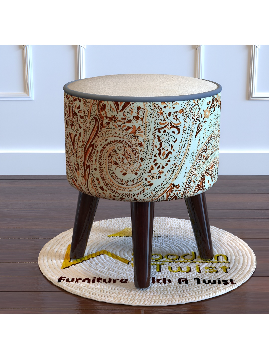 

Wooden Twist Cream Colored & Brown Printed Comfortable Cushion Round Ottoman Stool